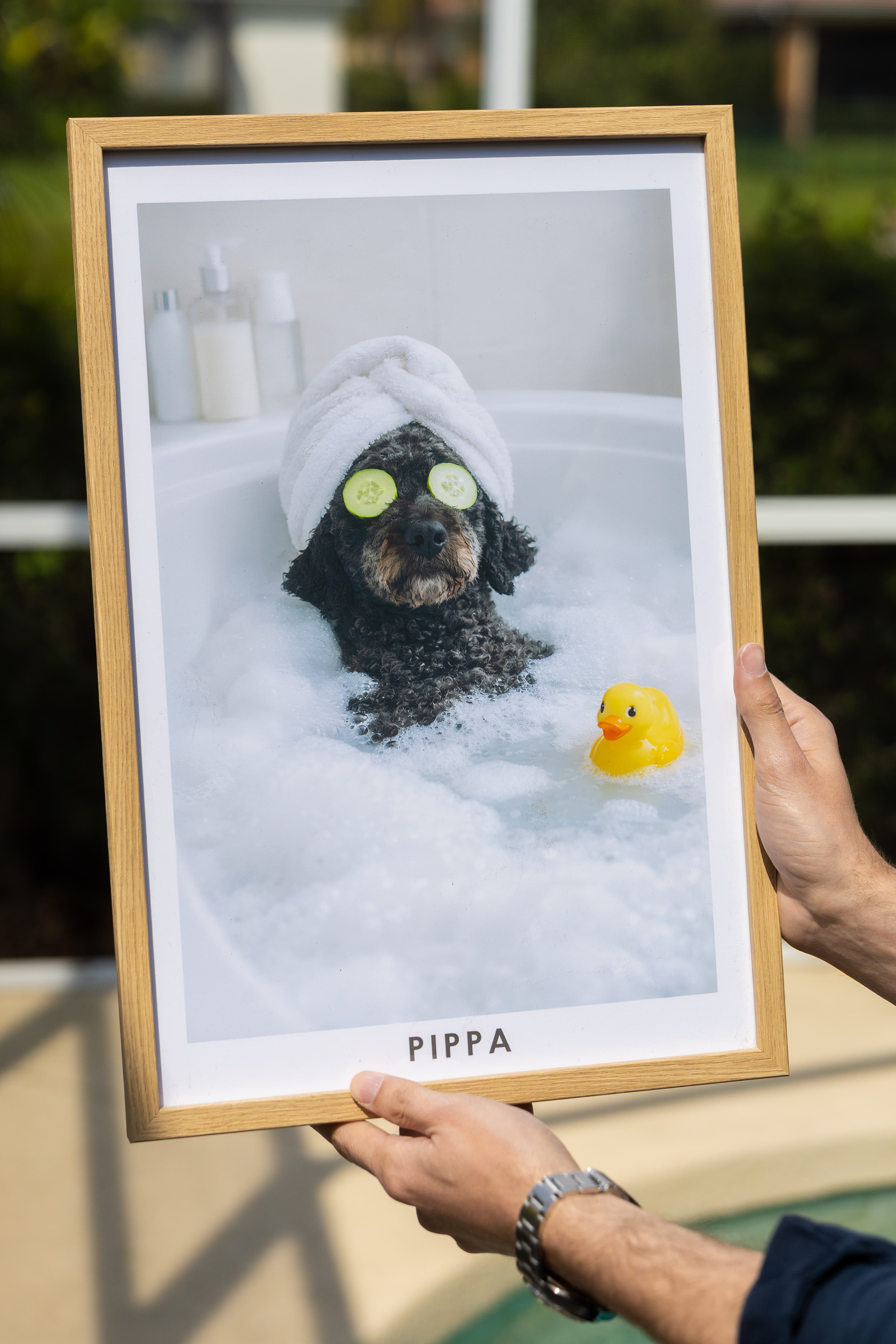 Pippa's framed spa day portrait held outdoors